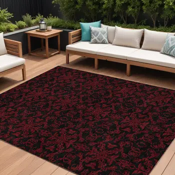 9' X 12' Red And Black Medallion Washable Indoor Outdoor Area Rug