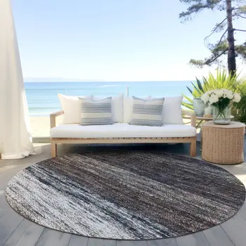 8' Beige Ivory And Brown Round Ombre Washable Indoor Outdoor Area Rug