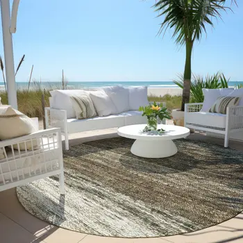 8' Brown Beige And Tan Round Ombre Washable Indoor Outdoor Area Rug