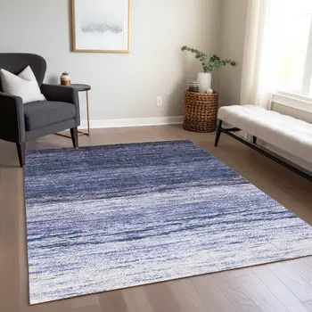 3' X 5' Navy Blue And Ivory Ombre Washable Indoor Outdoor Area Rug
