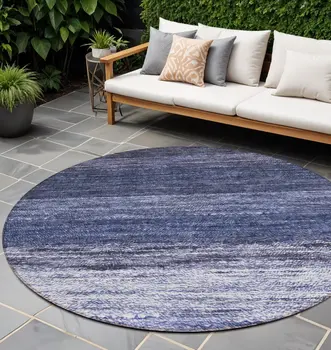 8' Navy Blue And Ivory Round Ombre Washable Indoor Outdoor Area Rug