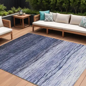 8' X 10' Navy Blue And Ivory Ombre Washable Indoor Outdoor Area Rug
