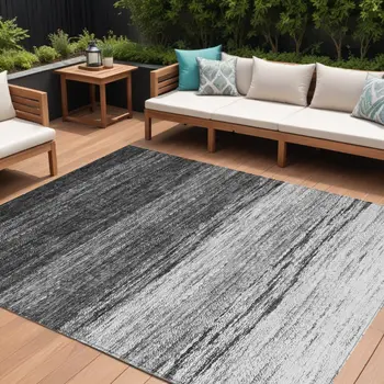 9' X 12' Gray Silver And Ivory Ombre Washable Indoor Outdoor Area Rug