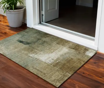 3' X 5' Brown Beige And Ivory Abstract Washable Indoor Outdoor Area Rug