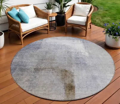 8' Navy Blue And Sky Blue Round Abstract Washable Indoor Outdoor Area Rug