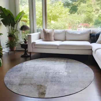 8' Navy Blue And Sky Blue Round Abstract Washable Indoor Outdoor Area Rug