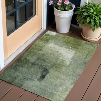 3' X 5' Artichoke Green And Sage Abstract Washable Indoor Outdoor Area Rug