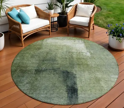 8' Artichoke Green And Sage Round Abstract Washable Indoor Outdoor Area Rug