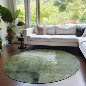 8' Artichoke Green And Sage Round Abstract Washable Indoor Outdoor Area Rug