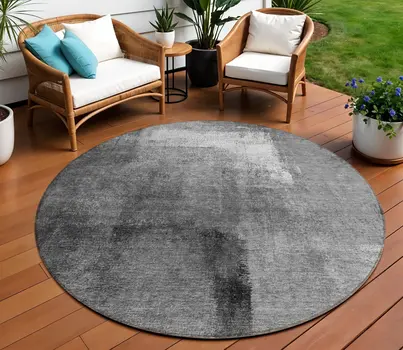 8' Gray Silver And Charcoal Round Abstract Washable Indoor Outdoor Area Rug