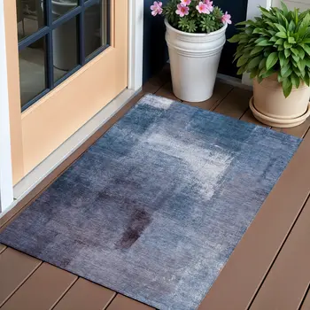 3' X 5' Navy Blue And Sky Blue Abstract Washable Indoor Outdoor Area Rug