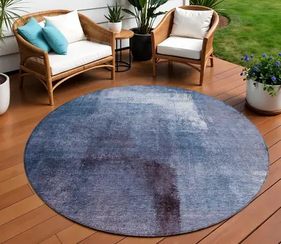 8' Navy Blue And Sky Blue Round Abstract Washable Indoor Outdoor Area Rug