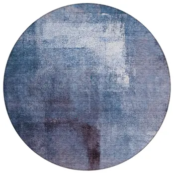 8' Navy Blue And Sky Blue Round Abstract Washable Indoor Outdoor Area Rug