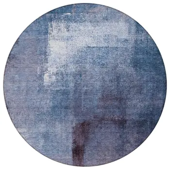 8' Navy Blue And Sky Blue Round Abstract Washable Indoor Outdoor Area Rug