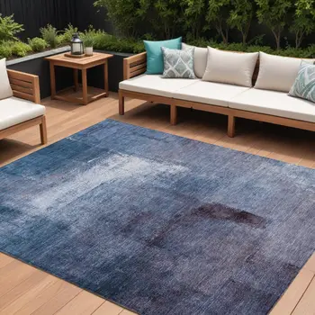 8' X 10' Navy Blue And Sky Blue Abstract Washable Indoor Outdoor Area Rug