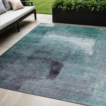 5' X 8' Teal Blue Aqua And Ivory Abstract Washable Indoor Outdoor Area Rug