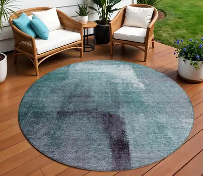 8' Teal Blue Aqua And Ivory Round Abstract Washable Indoor Outdoor Area Rug
