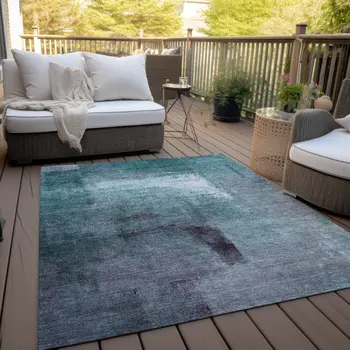 8' X 10' Teal Blue Aqua And Ivory Abstract Washable Indoor Outdoor Area Rug