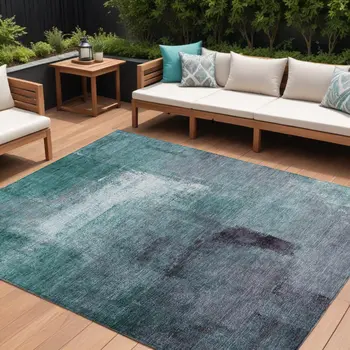 10' X 14' Teal Blue Aqua And Ivory Abstract Washable Indoor Outdoor Area Rug