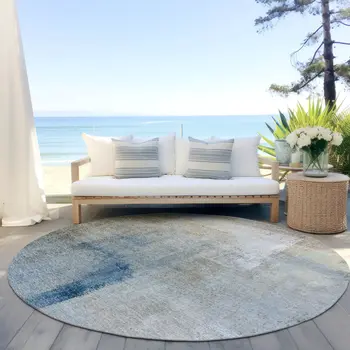8' Taupe Beige And Ivory Round Abstract Washable Indoor Outdoor Area Rug