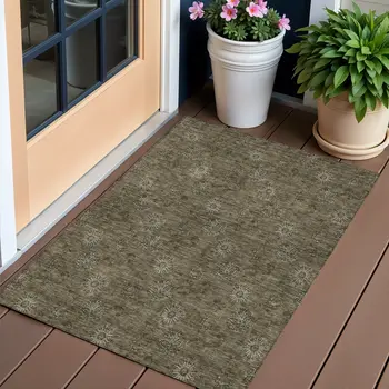 3' X 5' Brown And Beige Floral Washable Indoor Outdoor Area Rug