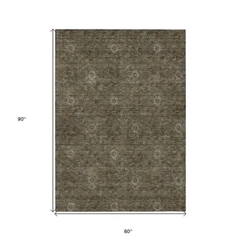 5' X 8' Brown And Beige Floral Washable Indoor Outdoor Area Rug