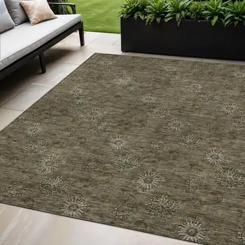 5' X 8' Brown And Beige Floral Washable Indoor Outdoor Area Rug