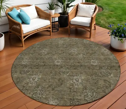 8' Brown And Beige Round Floral Washable Indoor Outdoor Area Rug