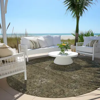 8' Brown And Beige Round Floral Washable Indoor Outdoor Area Rug