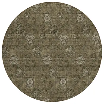 8' Brown And Beige Round Floral Washable Indoor Outdoor Area Rug