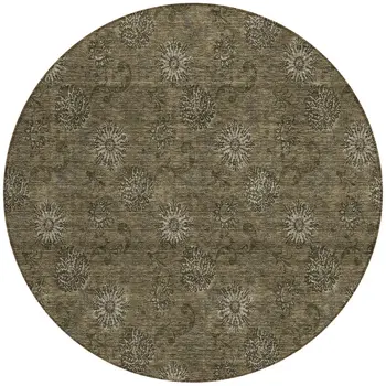 8' Brown And Beige Round Floral Washable Indoor Outdoor Area Rug