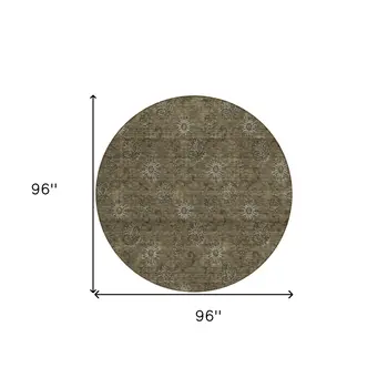 8' Brown And Beige Round Floral Washable Indoor Outdoor Area Rug