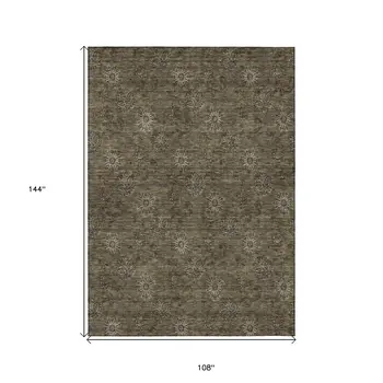 9' X 12' Brown And Beige Floral Washable Indoor Outdoor Area Rug
