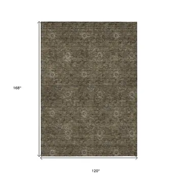 10' X 14' Brown And Beige Floral Washable Indoor Outdoor Area Rug