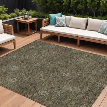 10' X 14' Brown And Beige Floral Washable Indoor Outdoor Area Rug