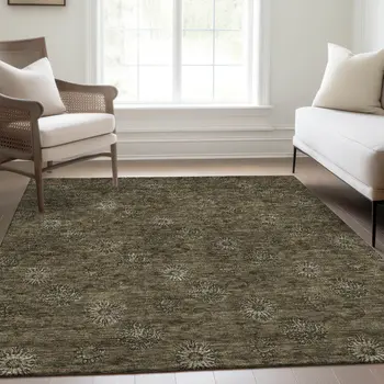 10' X 14' Brown And Beige Floral Washable Indoor Outdoor Area Rug