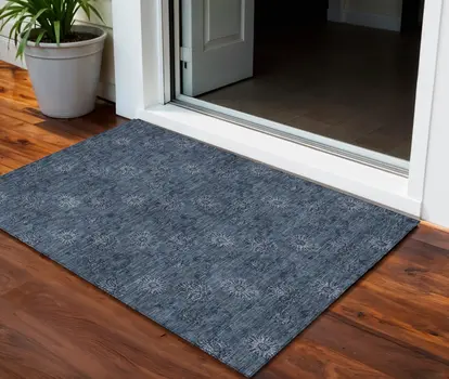 3' X 5' Blue And Navy Blue Floral Washable Indoor Outdoor Area Rug