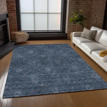 3' X 5' Blue And Navy Blue Floral Washable Indoor Outdoor Area Rug