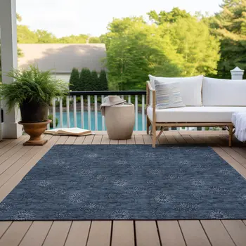 3' X 5' Blue And Navy Blue Floral Washable Indoor Outdoor Area Rug