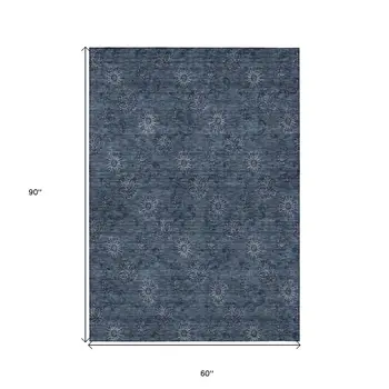 5' X 8' Blue And Navy Blue Floral Washable Indoor Outdoor Area Rug