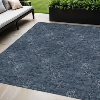 5' X 8' Blue And Navy Blue Floral Washable Indoor Outdoor Area Rug