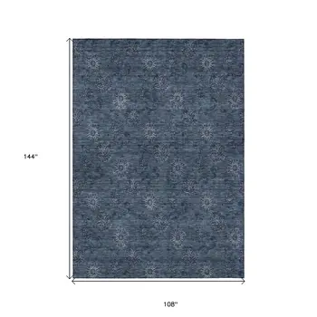 9' X 12' Blue And Navy Blue Floral Washable Indoor Outdoor Area Rug
