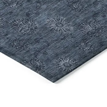 9' X 12' Blue And Navy Blue Floral Washable Indoor Outdoor Area Rug