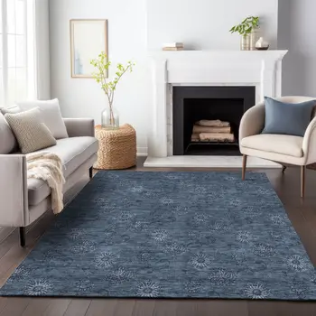 9' X 12' Blue And Navy Blue Floral Washable Indoor Outdoor Area Rug