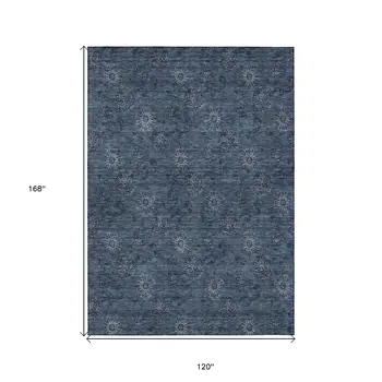 10' X 14' Blue And Navy Blue Floral Washable Indoor Outdoor Area Rug