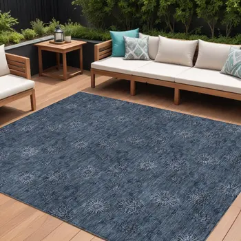 10' X 14' Blue And Navy Blue Floral Washable Indoor Outdoor Area Rug