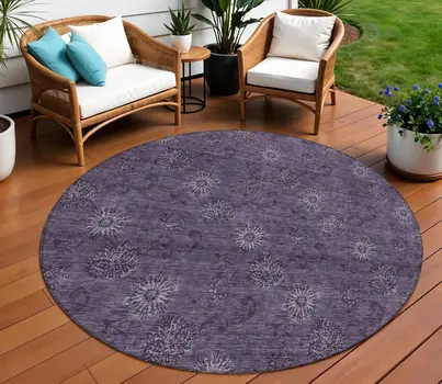 8' Eggplant And Purple Round Floral Washable Indoor Outdoor Area Rug