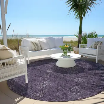 8' Eggplant And Purple Round Floral Washable Indoor Outdoor Area Rug