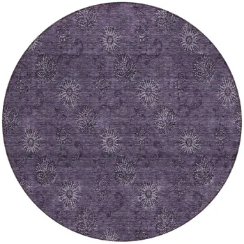 8' Eggplant And Purple Round Floral Washable Indoor Outdoor Area Rug