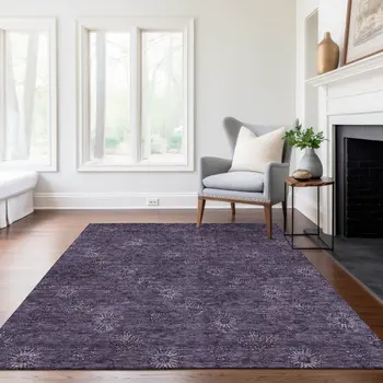 10' X 14' Eggplant And Purple Floral Washable Indoor Outdoor Area Rug